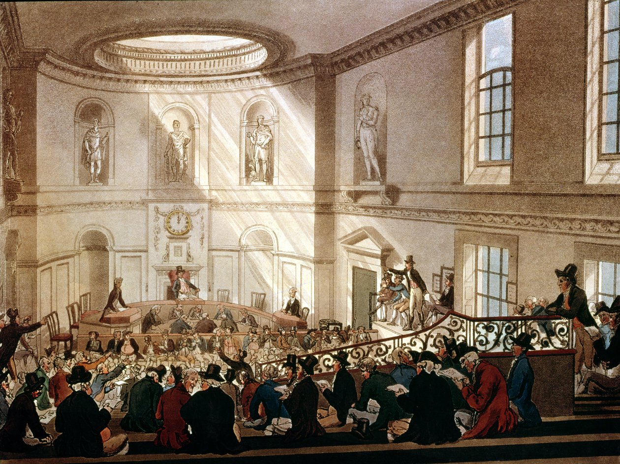 Casa da Índia, a sala de venda, de Ackermanns Microcosmo de Londres, gravada por Joseph Constantine Stadler (fl.1780-1812), 1808 (aquatint) de T. and Pugin Rowlandson
