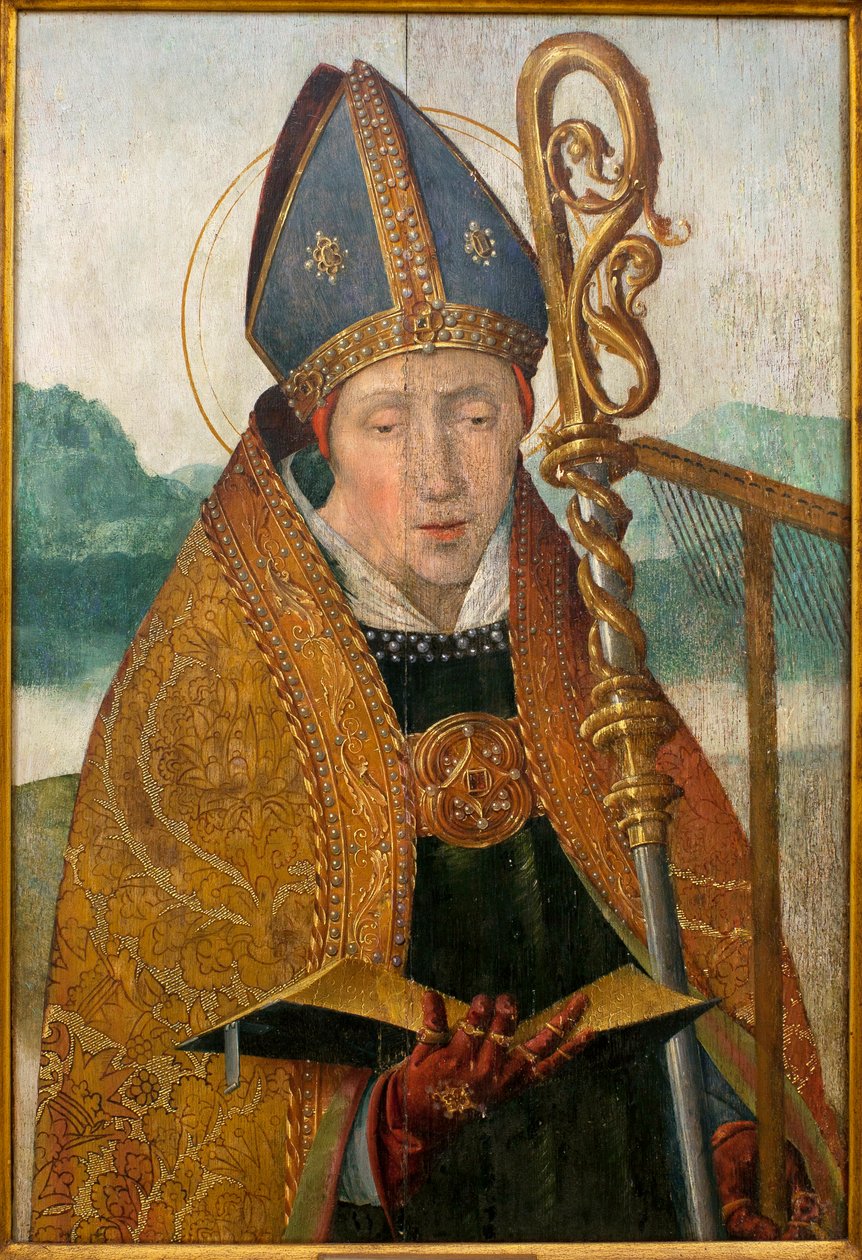 Saint Blaise - Pintura da oficina de Frei Carlos (pintor flamengo ativo entre 1517 e 1544), óleo sobre madeira, cerca de 1530 (St Blaise, da oficina de Frei Carlos (ativo entre 1517-1544), óleo sobre painel, cerca de 1530 ) - Musée d
