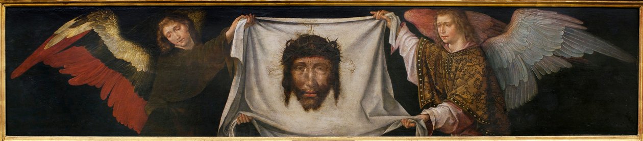 Anjos portadores do Santo Sudário - Pintura da oficina do Frei Carlos (pintor flamengo activo entre 1517-1544), óleo sobre madeira, cerca de 1520-1530 (Anjos com o Santo Rosto, pela oficina do Frei Carlos, óleo sobre painel, cerca de 1520-1530) - Musee d
