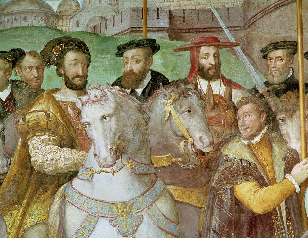 Detalhe da Entrada Solene do Imperador Carlos V (1500-58), Francisco I (1494-1547) e Alessandro Farnese (1546-92) para Paris em 1540, da &39;Sala dei Fasti Farnese&39;, 1557-66 (detalhe de de Federico Zuccaro