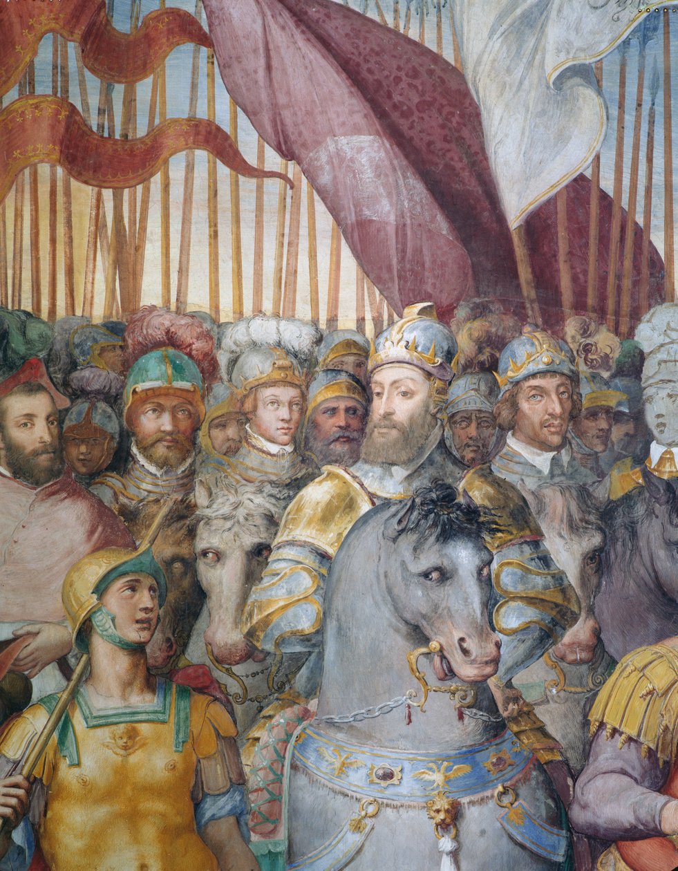Detalhe das tropas do Cardeal Alessandro Farnese e de Carlos V partindo para a guerra contra os luteranos, no Salão de Farnesina de Federico Zuccaro