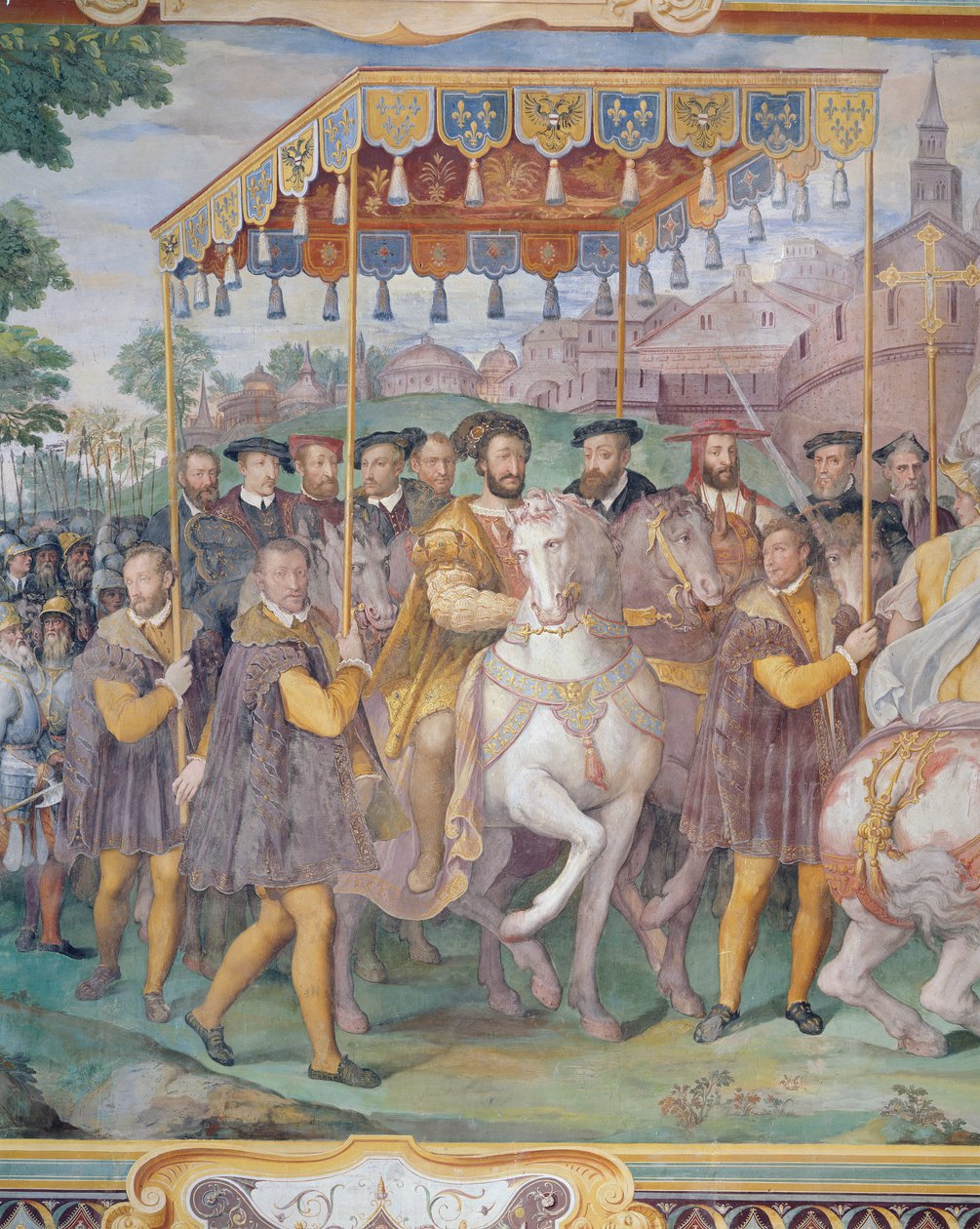 A entrada solene do Imperador Carlos V, Francisco I e Alessandro Farnese para Paris em 1540, da &39;Sala dei Fasti Farnese&39;, 1557-66 de Federico Zuccaro