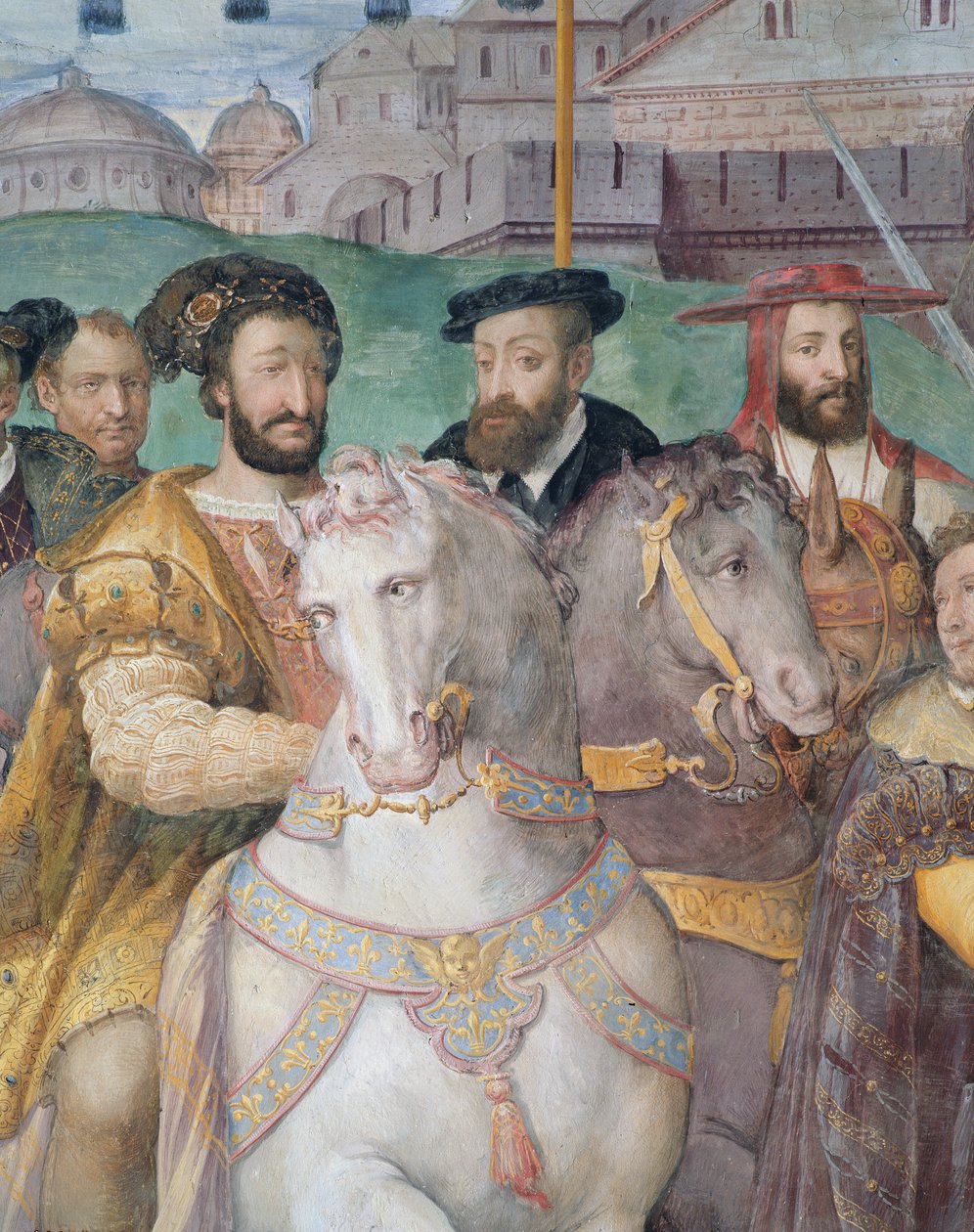 Detalhe da entrada solene do imperador Carlos V, Francisco I e Alessandro Farnese a Paris em 1540, da Sala dei Fasti Farnese, 1557-66 de Taddeo Zuccari
