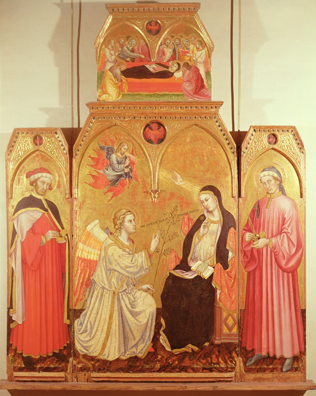 A Anunciação com São Cosme e São Damião, 1409 (folha de ouro e têmpera no painel) de Taddeo di Bartolo