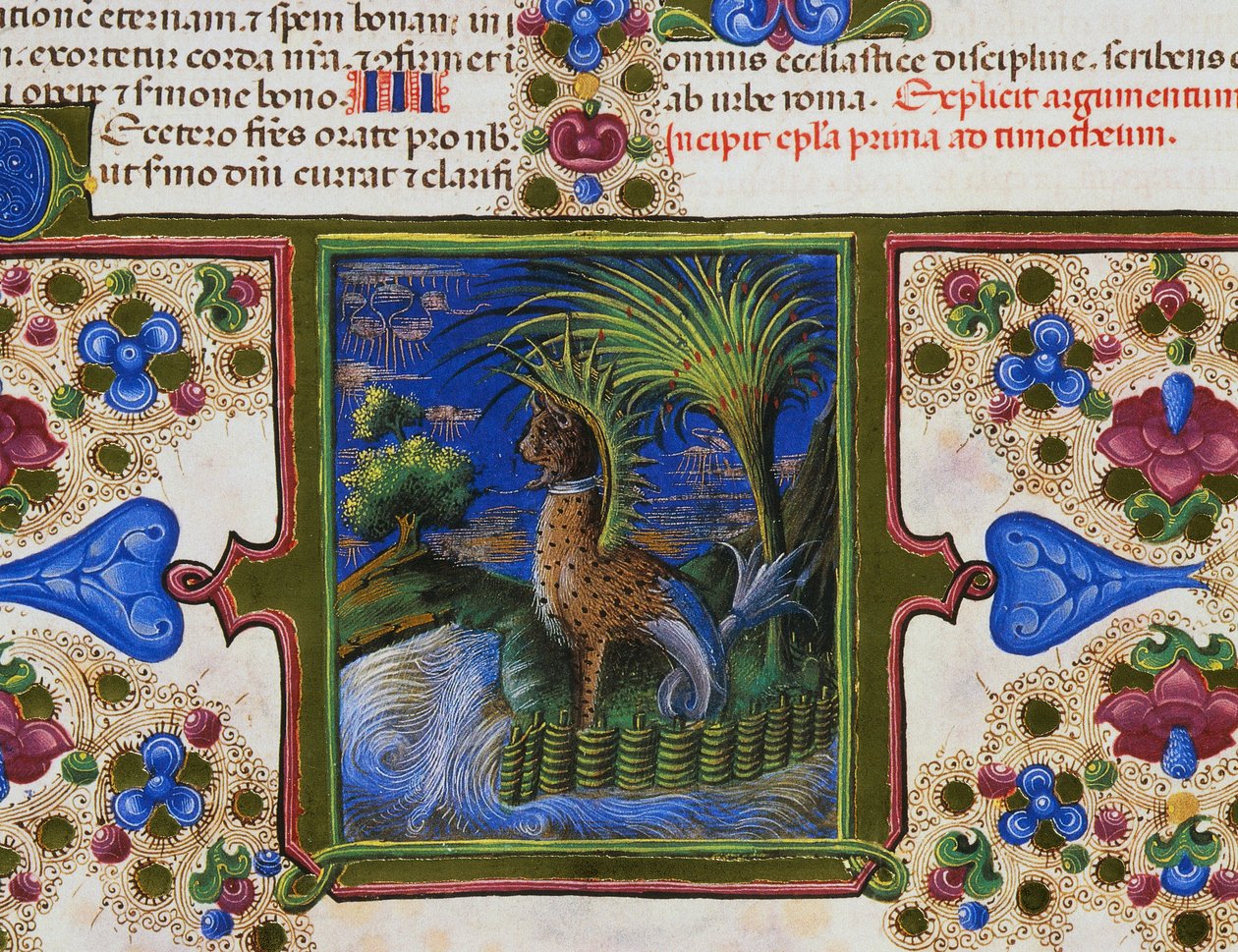 Friso de fronteira ao pé da página com animal monstruoso na paisagem, Volume II, f 207, v, Bíblia de Borso d