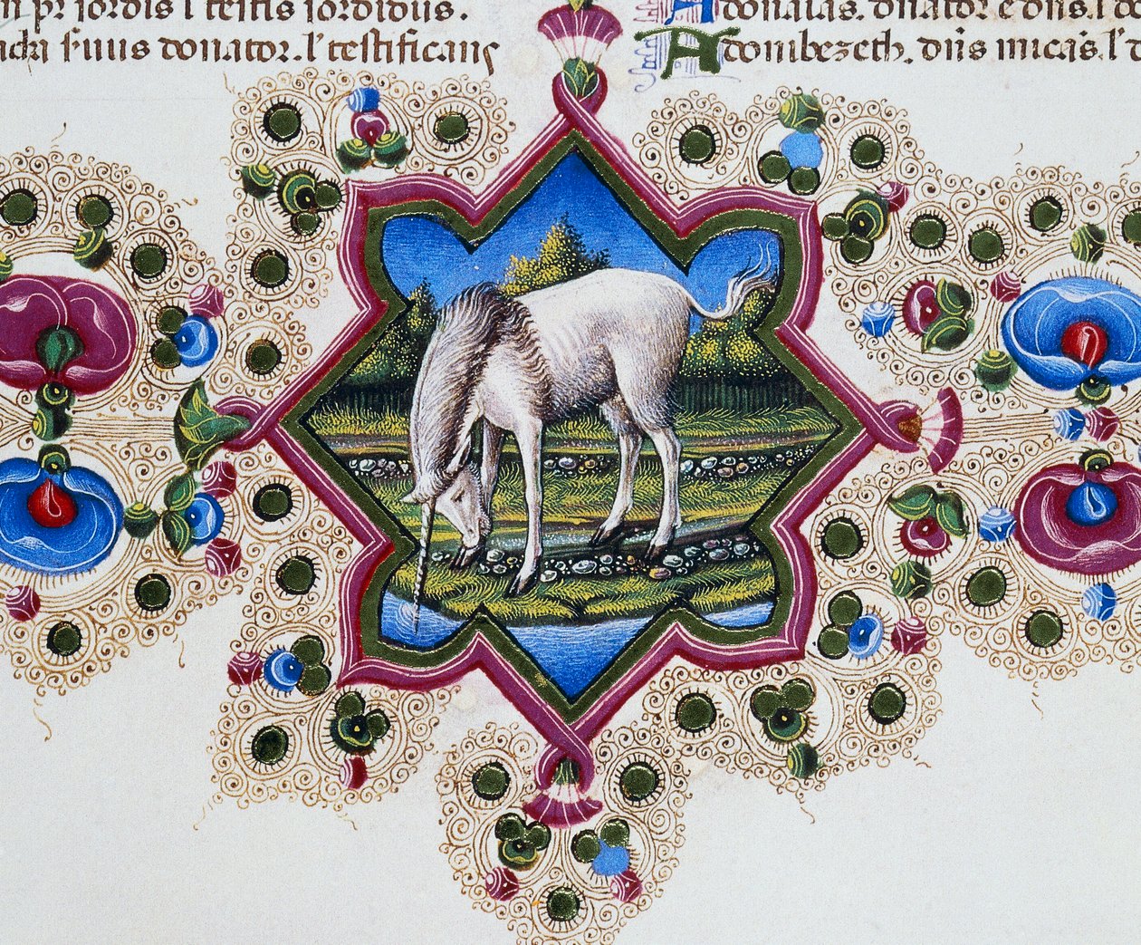 Friso de fronteira ao pé da página com unicórnio, Volume II f 245, v, Bíblia de Borso d