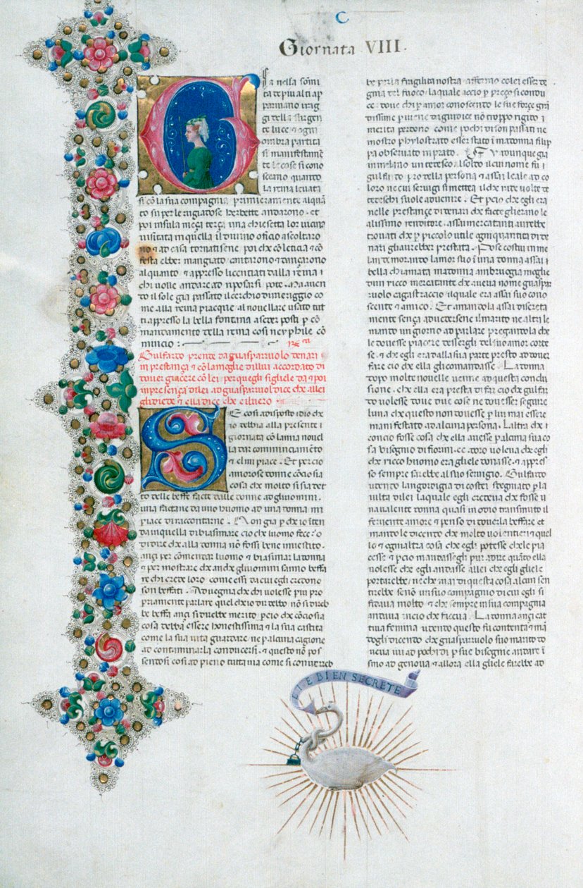 Página do manuscrito iluminada de Decameron, de Giovanni Boccaccio, italiano, c1467. de Taddeo Crivelli