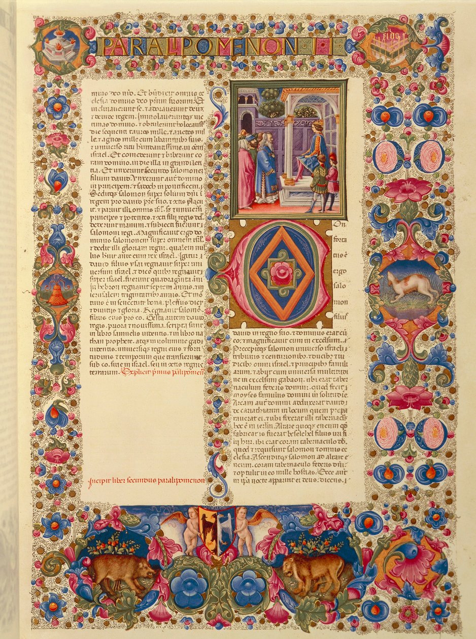 Itália, Incipit do segundo Livro de Crônicas, ou miniatura do Paralipomenon II da Bíblia Latina de Borso d