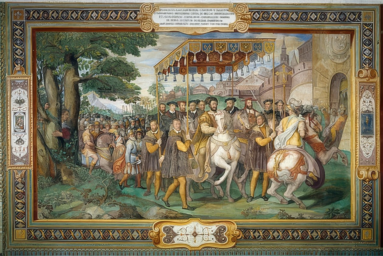 O rei Francisco I recebe Carlos V e o cardeal Alessandro Farnese em Paris em 1540. 1559 de Taddeo Zuccari