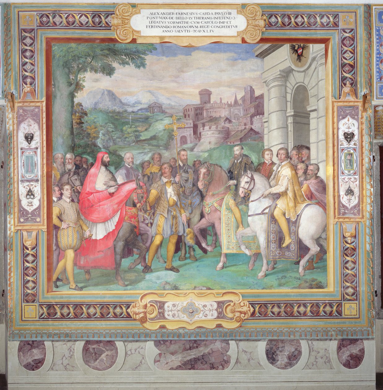 Charles V (1500-58) com Alessandro Farnese (1546-92) em Worms, da &39;Sala dei Fasti Farnese&39; (Salão dos Esplendores dos Farnese) 1557-66 (ver também 156715) de Taddeo Zuccari