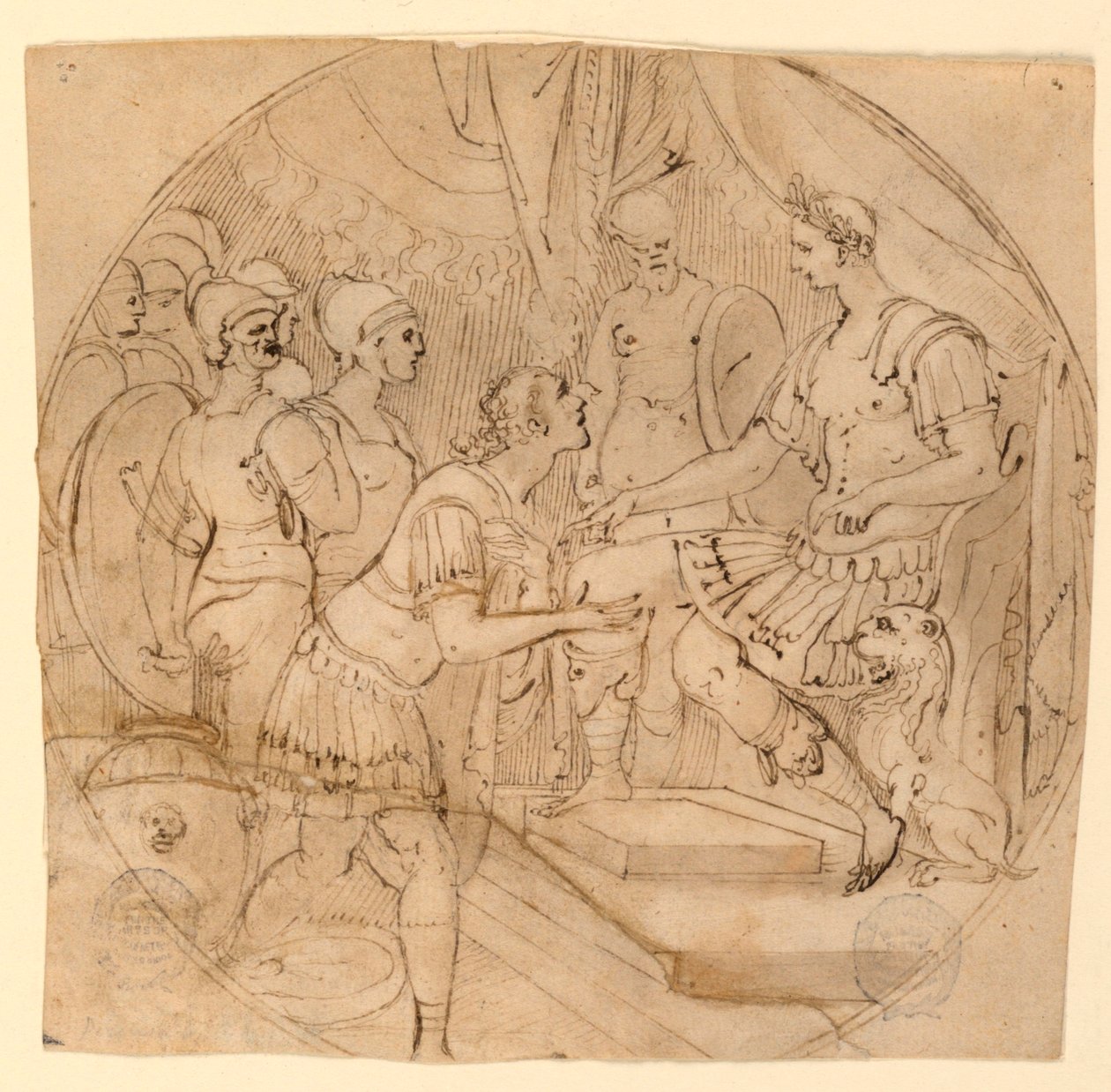 Design para um prato ou um tondo: soldados suplicantes diante de um general romano de Taddeo Zuccaro