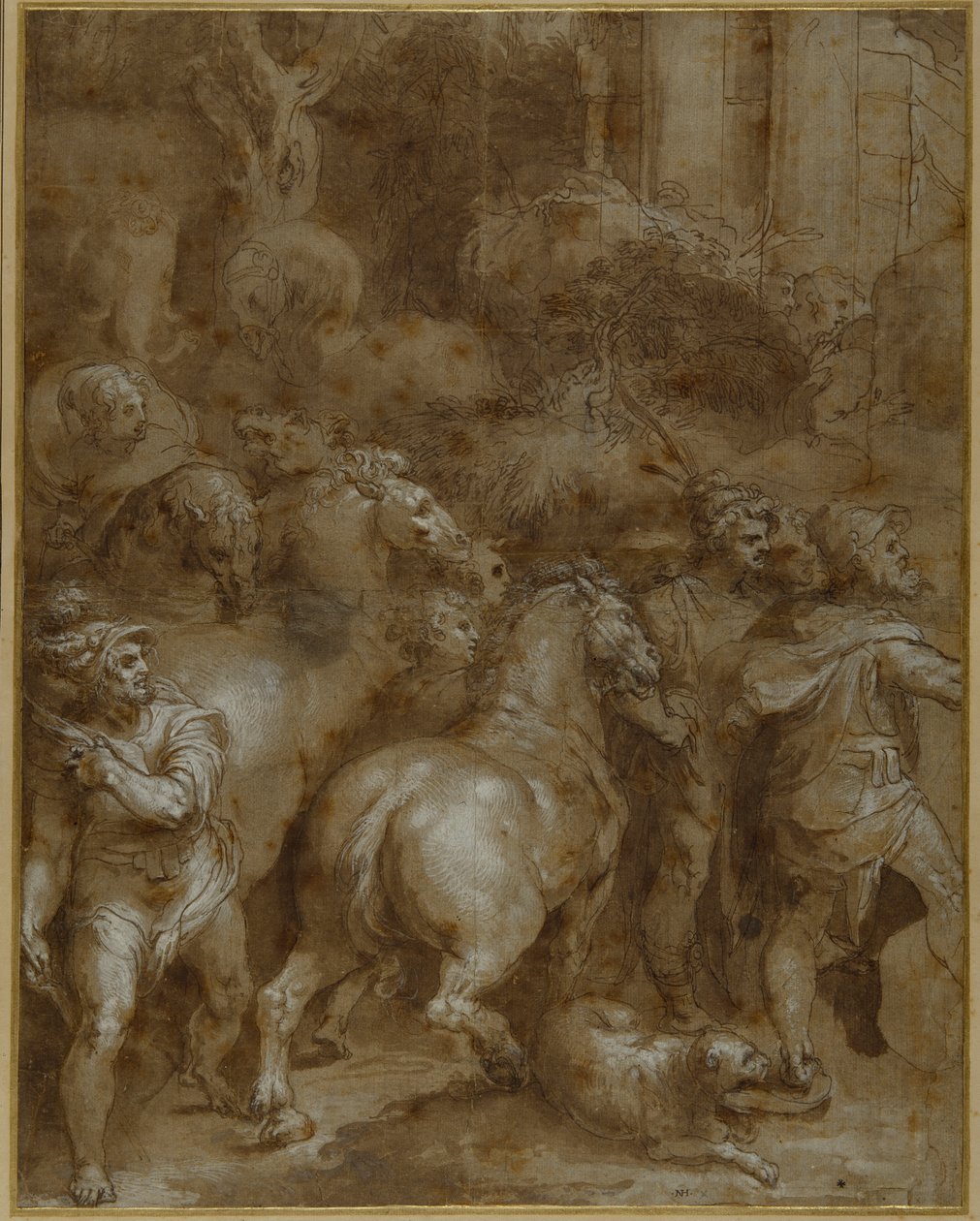 Cavalos e homens, virados para a direita (caneta e tinta castanha com lavagem e cor do corpo branca sobre papel) de Taddeo Zuccaro