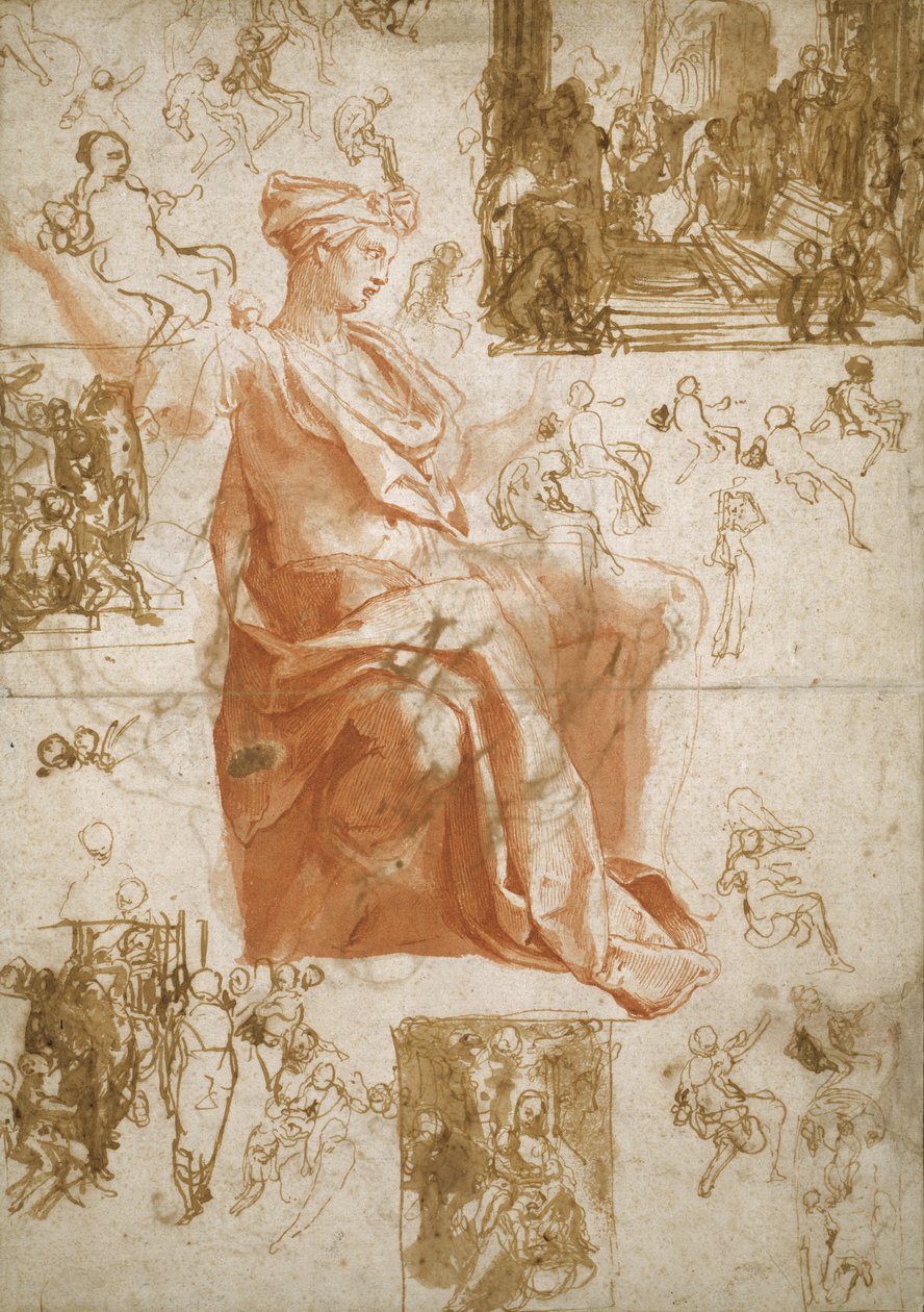 Folha de estudos para a cegueira de elimas, sacrifício em Listra e uma família sagrada, c.1558 de Taddeo Zuccaro