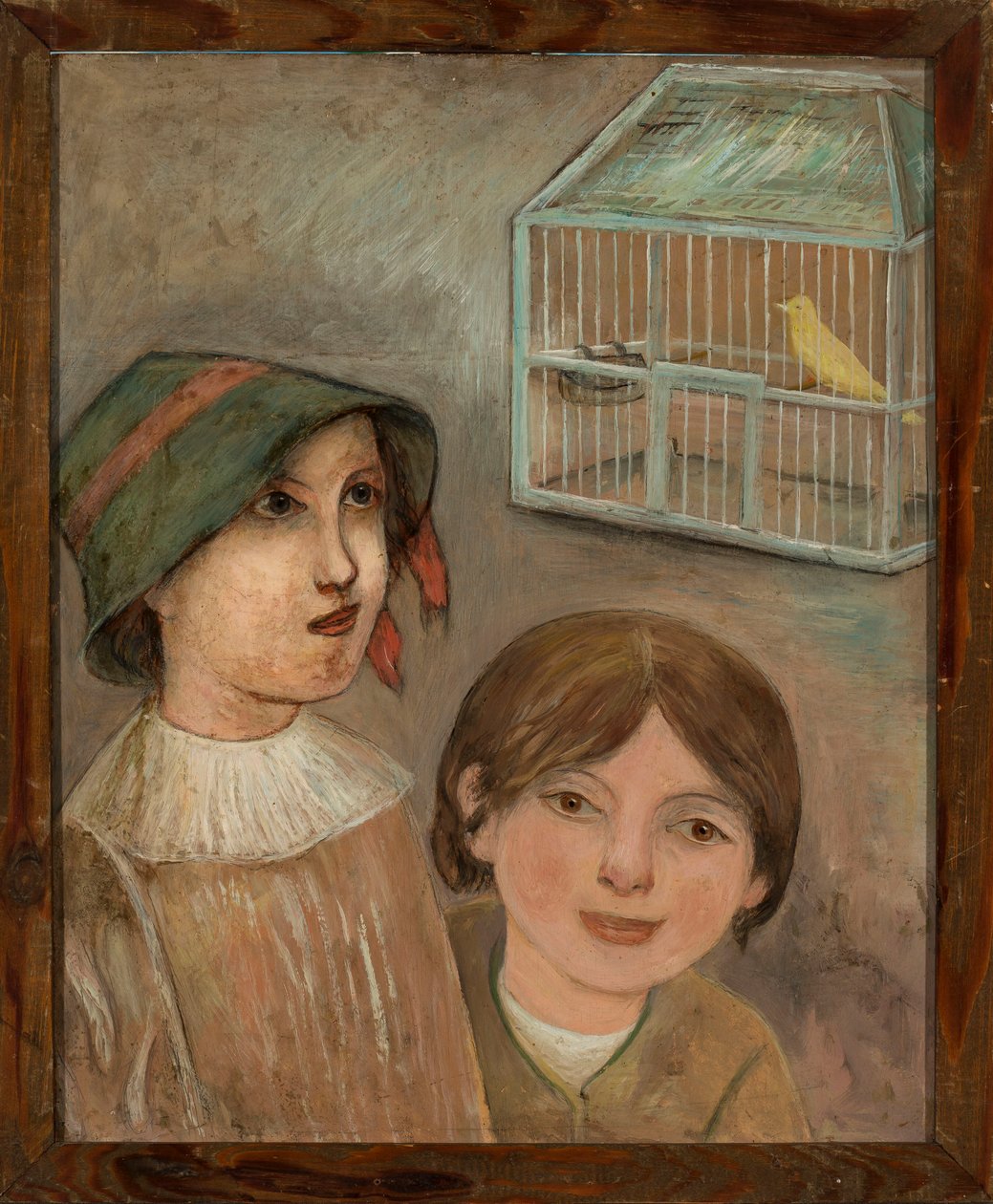 Duas meninas sob uma gaiola com um canário de Tadeusz Makowski