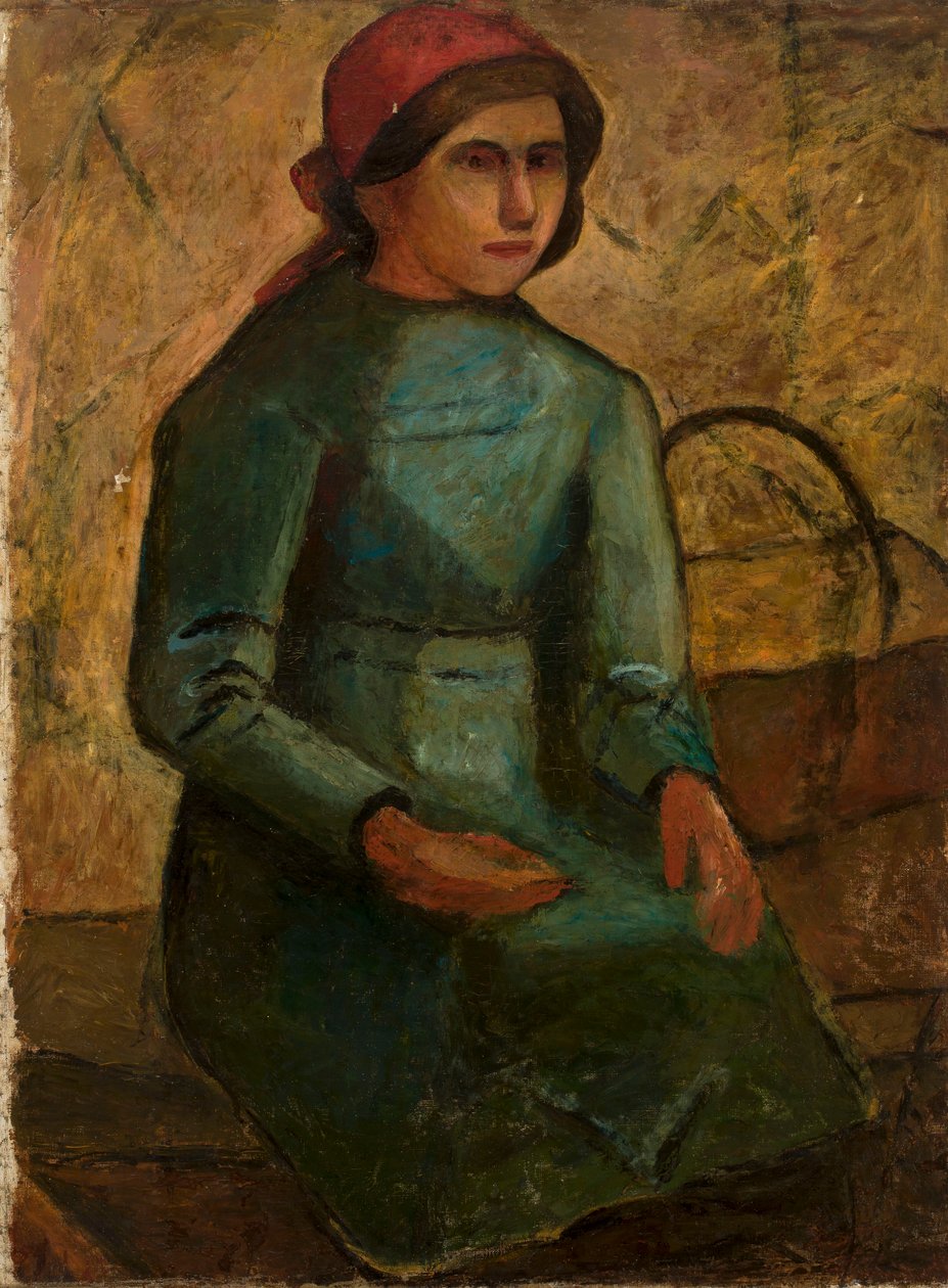 A rapariga com um vestido verde e um cesto de Tadeusz Makowski