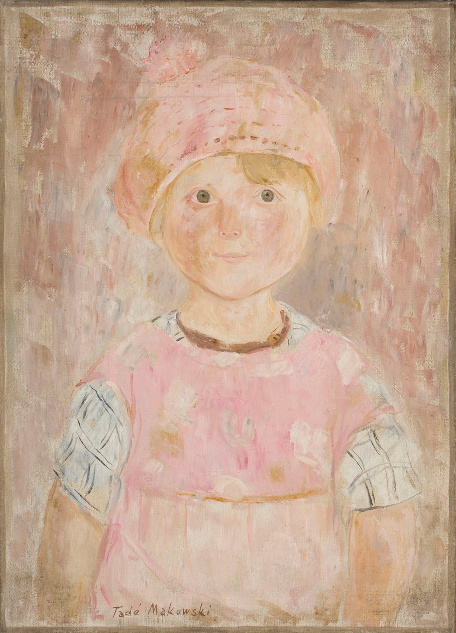 Uma menina com um vestido rosa e um chapéu de Tadeusz Makowski