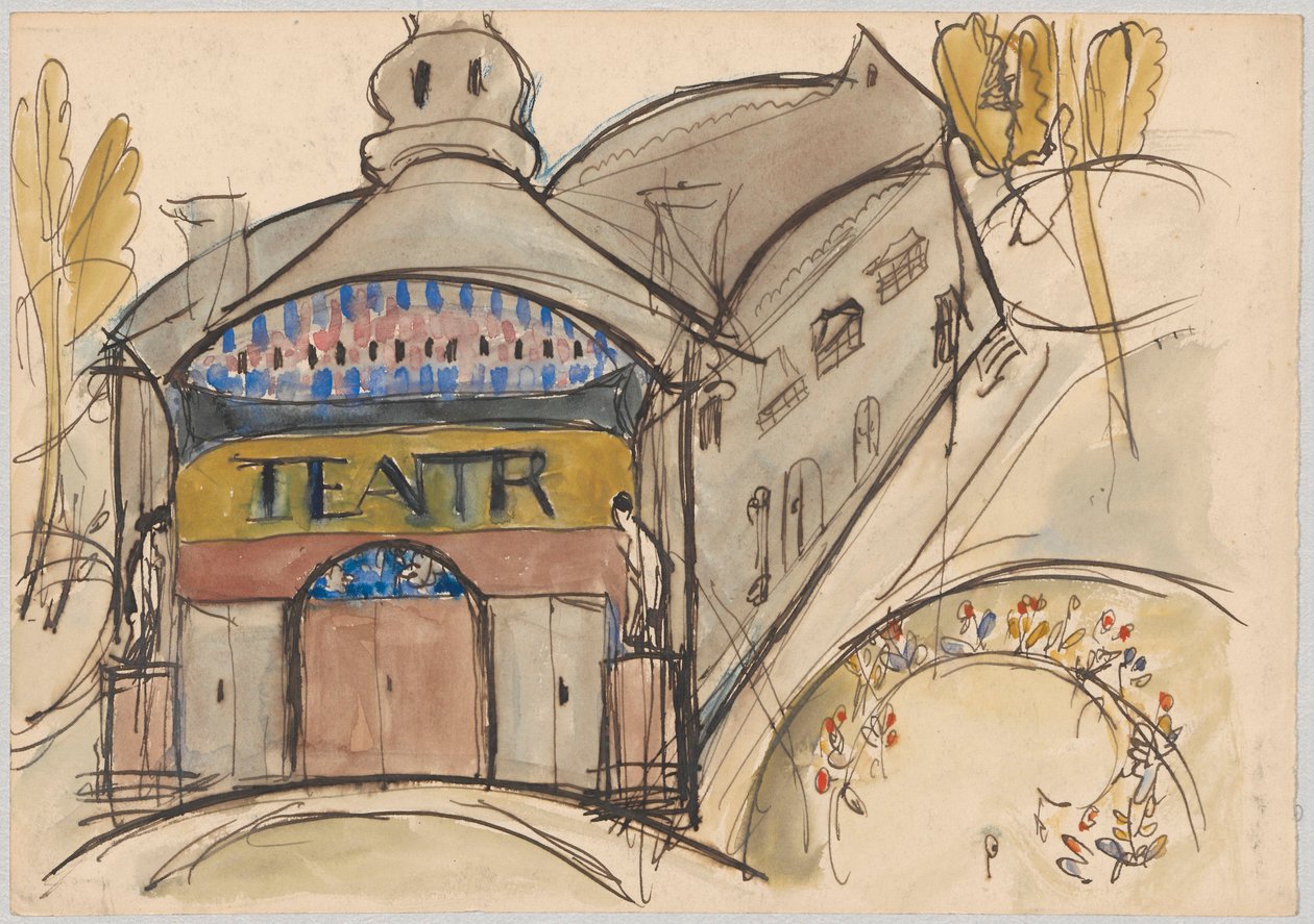 Edifício fantástico com a inscrição «Teatro» de Tadeusz Makowski