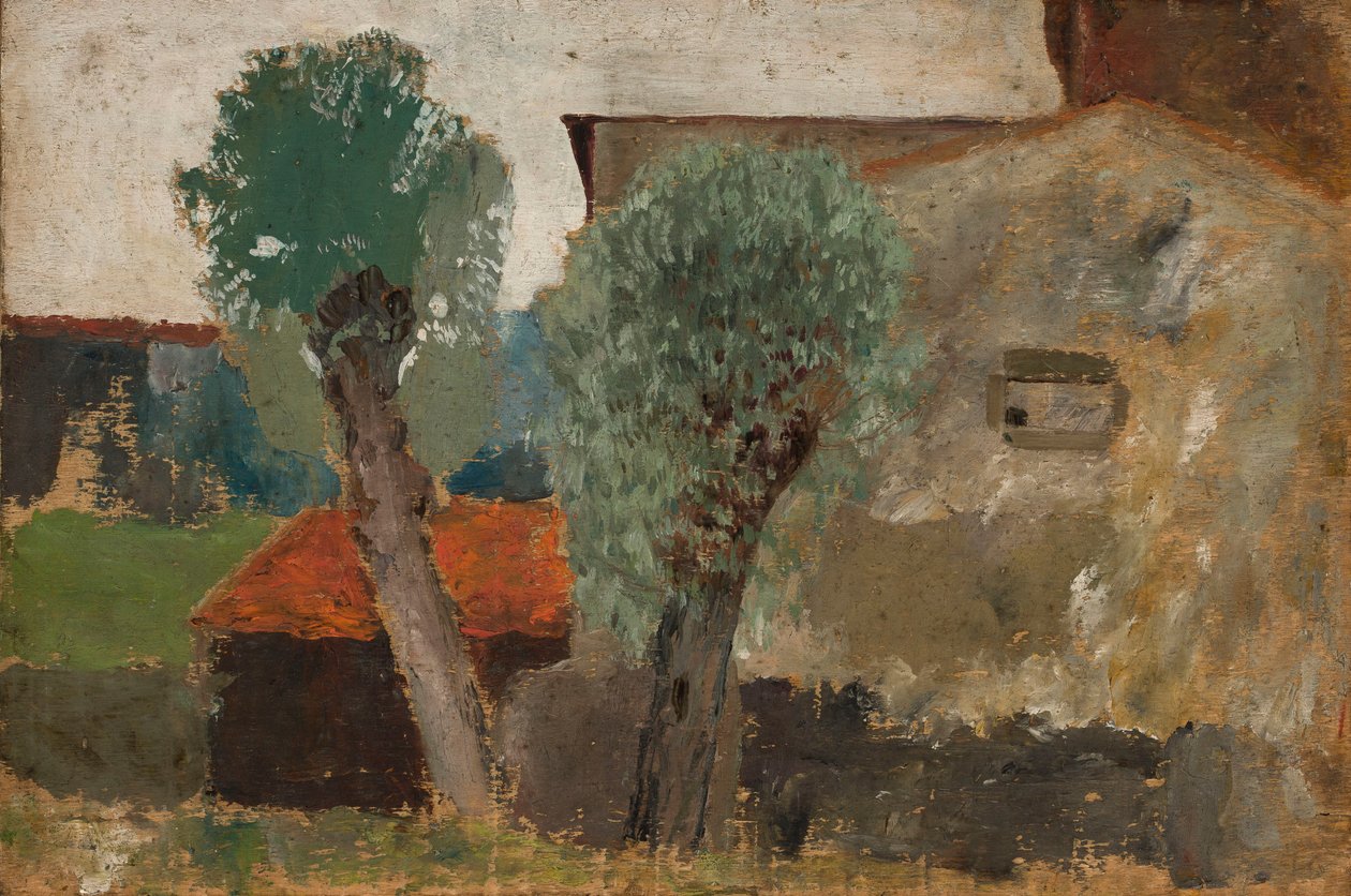 Detalhe de uma casa com duas árvores de Tadeusz Makowski