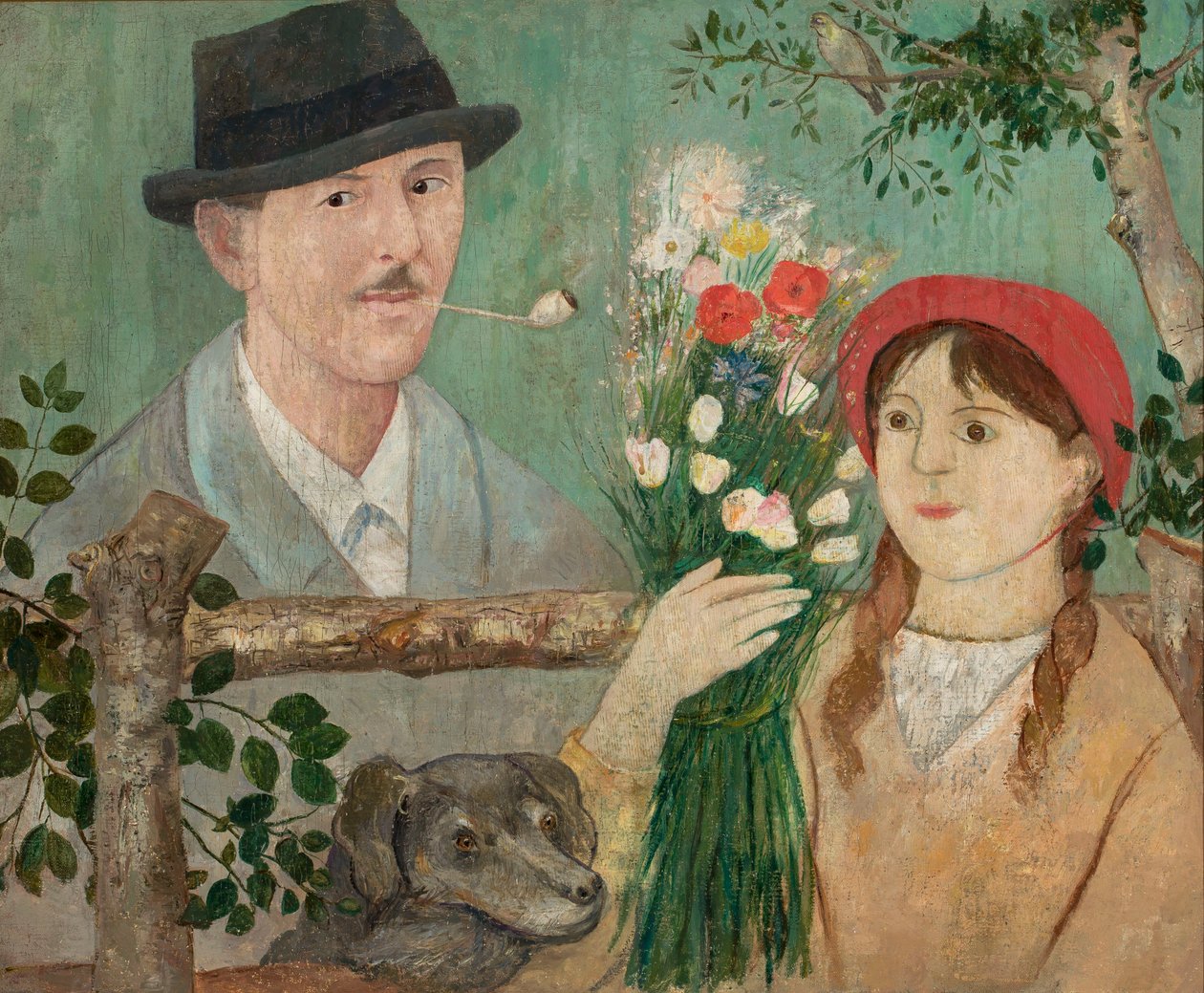 Idílio junto à vedação (Autorretrato, rapariga com flores e cão) de Tadeusz Makowski
