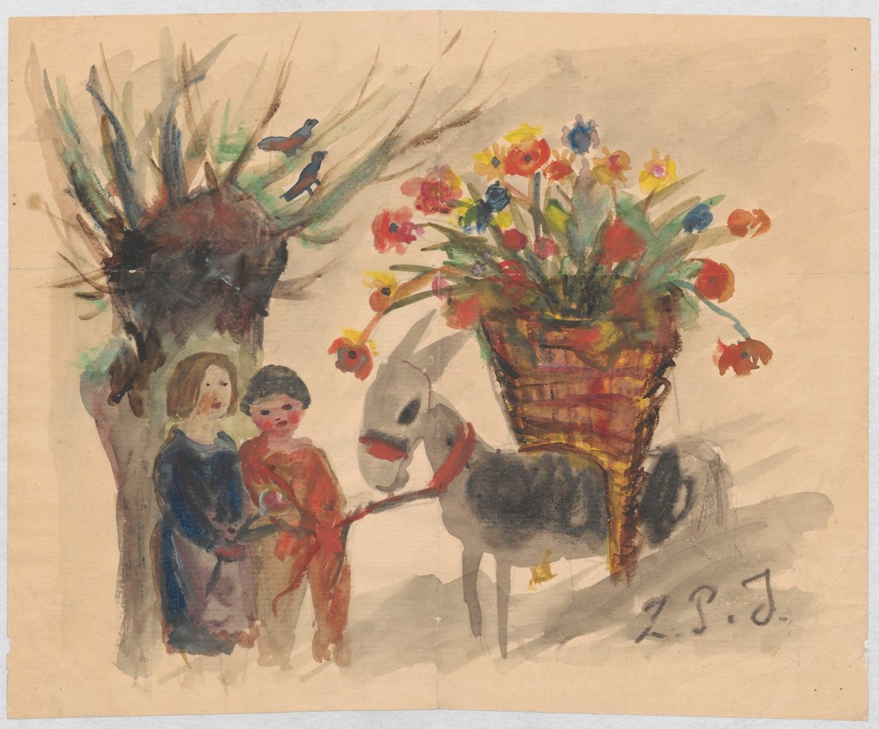 Cartão de felicitações pelo dia do nome para Maria Mickiewiczówna com um desenho que representa duas crianças a conduzir um burro com um grande cesto de flores no dorso de Tadeusz Makowski