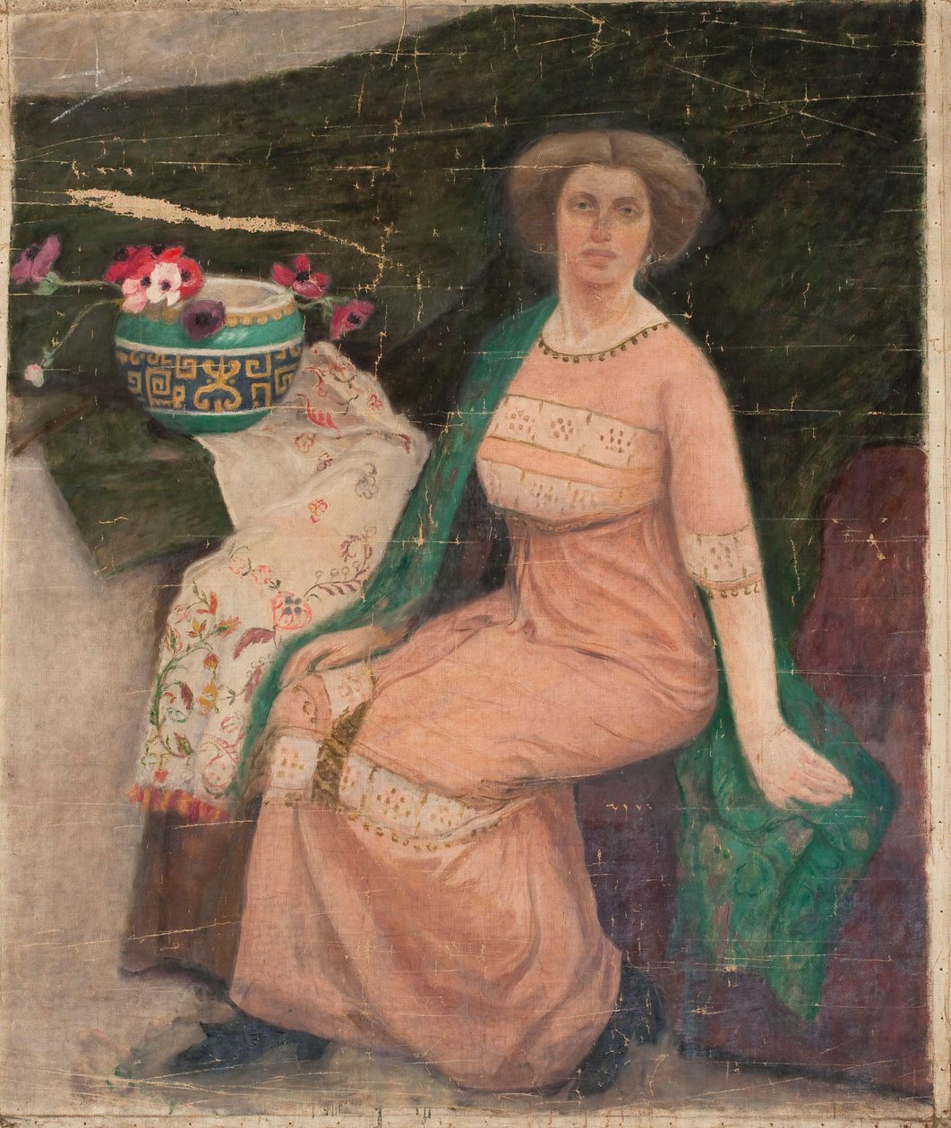 Retrato de uma dama de vestido cor-de-rosa (Wanda Popławska) de Tadeusz Makowski