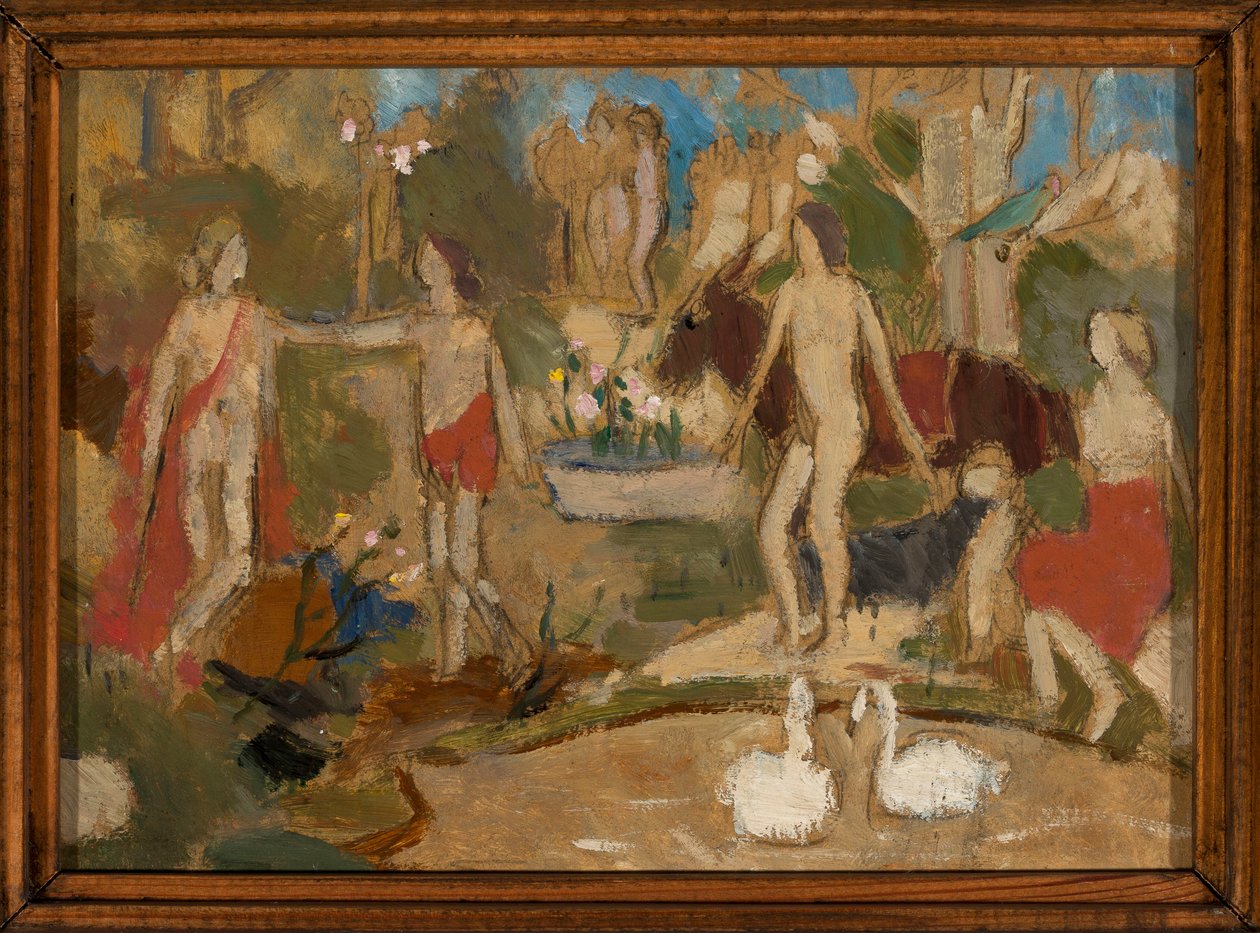 Cena num jardim com personagens e cisnes de Tadeusz Makowski