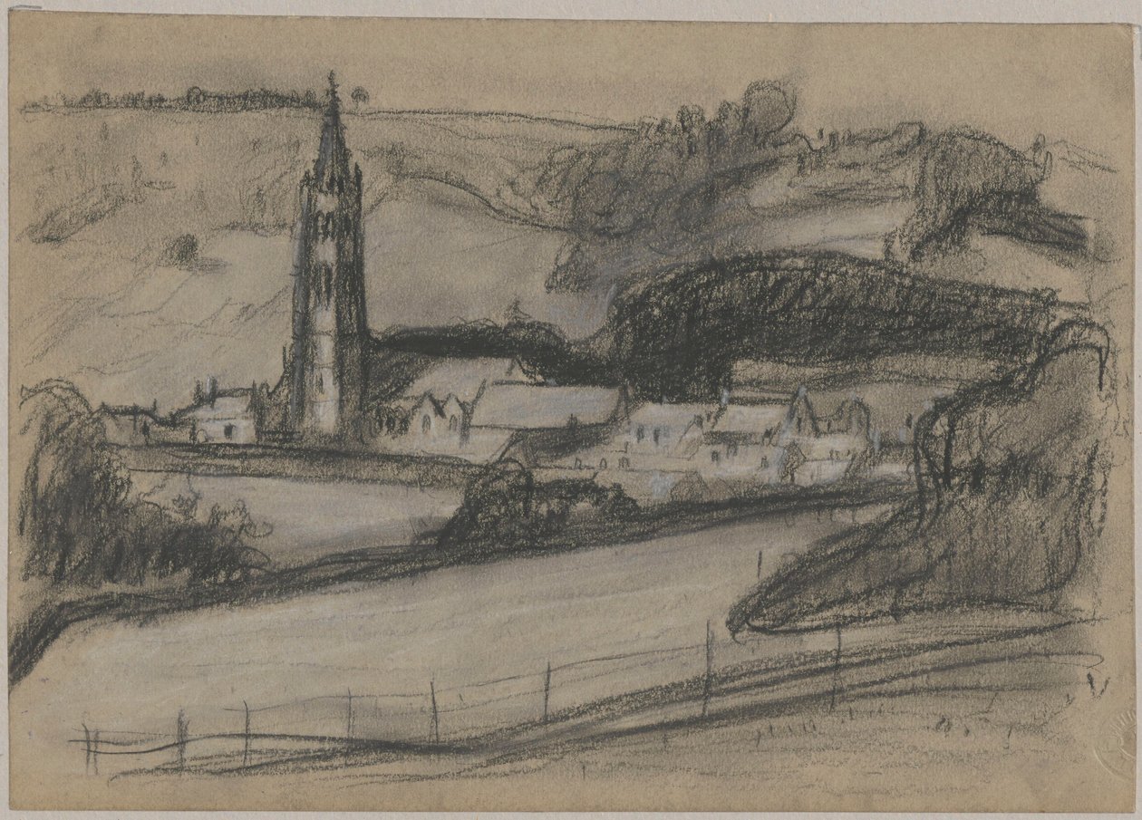 Vista da cidadezinha com a torre da igreja de Tadeusz Makowski