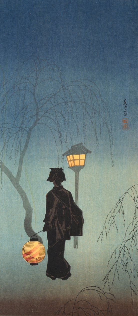 Mulher com uma lanterna em uma noite de primavera (impressão de woodblock de cor) de Shōtei Takahashi