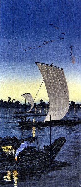 Barcos nocturnos em Sekiyado (impressão a cores em bloco de madeira) de Takahashi  Hiroaki