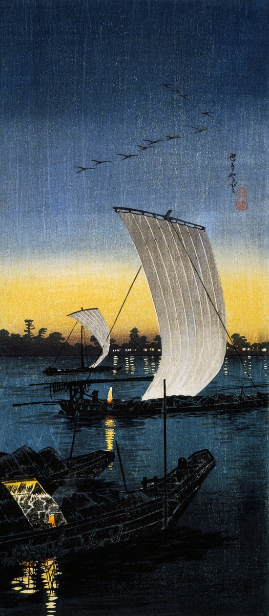 Vista noturna Sekiyado, c.1930 (O-tanzaku woodcut) de Takahashi  Hiroaki