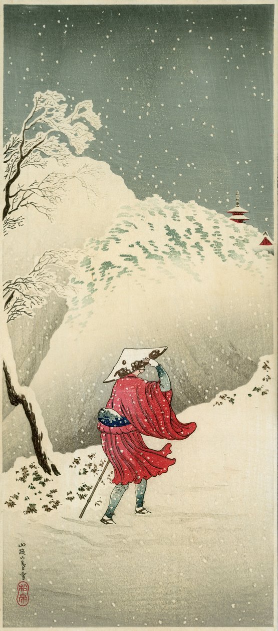 Viajante na neve (impressão em bloco de madeira colorida) de Takahashi  Hiroaki