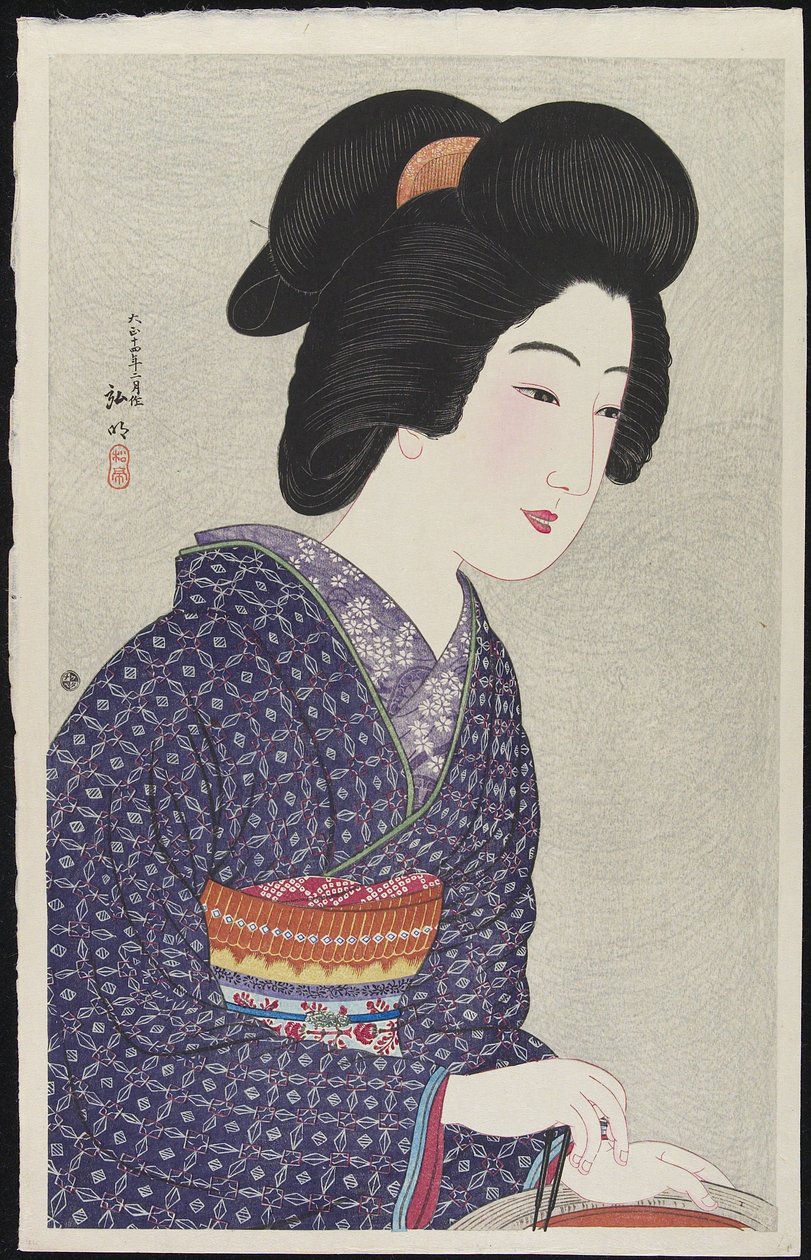 Mulher sentada por um braseiro, fevereiro de 1925 de Takahashi Hiroaki