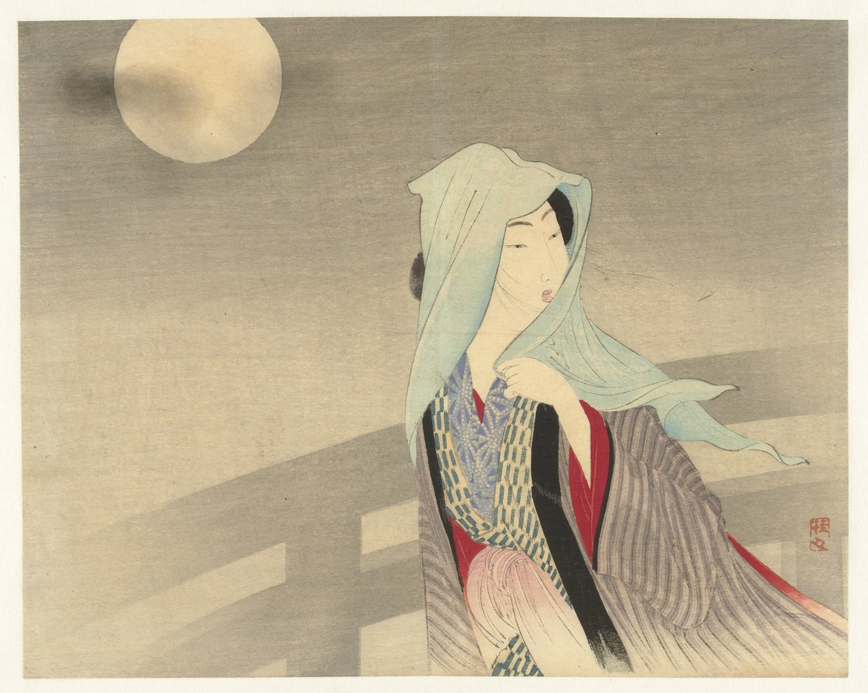 Mulher velada sobre uma ponte ao luar de Takeuchi Keishū