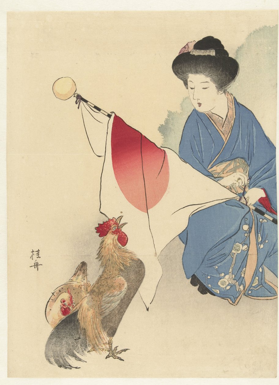 Mulher com bandeira japonesa e um galo de Takeuchi Keishū