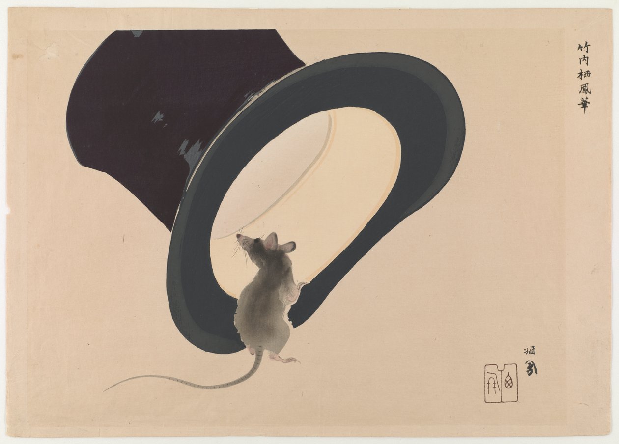 Mouse e Hat (impressão de woodblock de cor) de Takeuchi Seiho