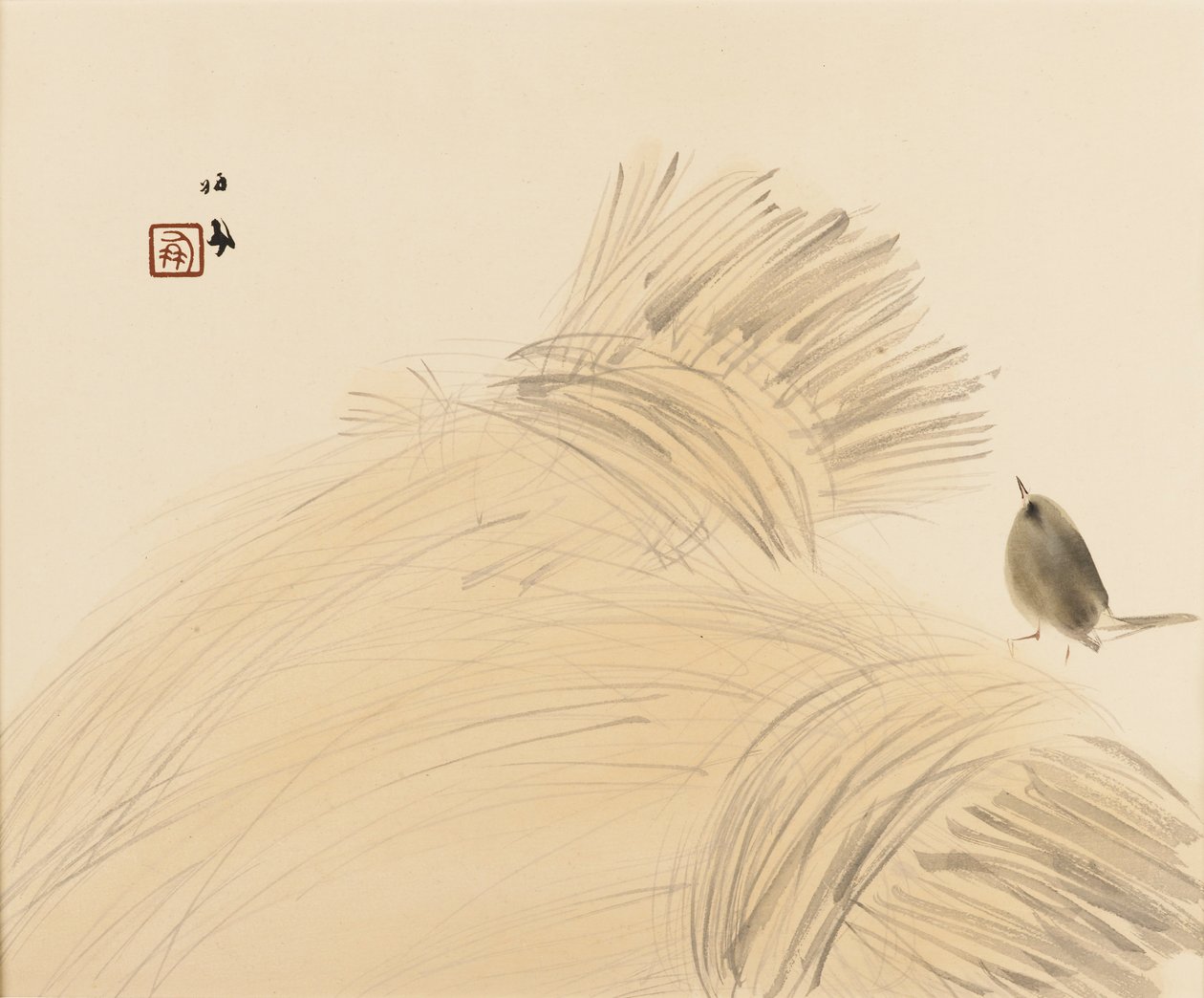 Woodblock print - Wren on corn stook, final do século XIX - início do século XX de Takeuchi Seiko