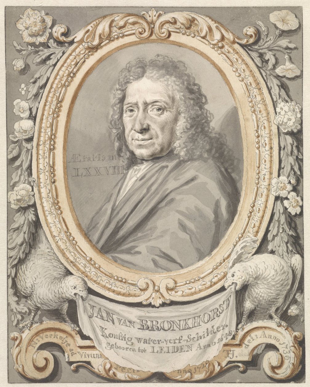 Retrato de Johannes (Jan) van Bronkhorst emoldurado com flores e dois pássaros de Tako Hajo Jelgersma