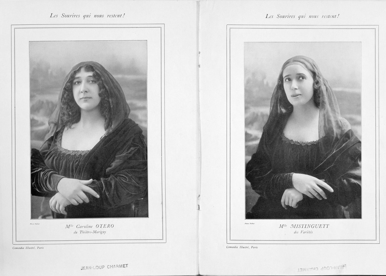 O belo Otero e Mistinguett como a Mona Lisa, de um artigo Os sorrisos nos mantemos em Comoedia Ilustre, 1911 (bw foto) de Talbot