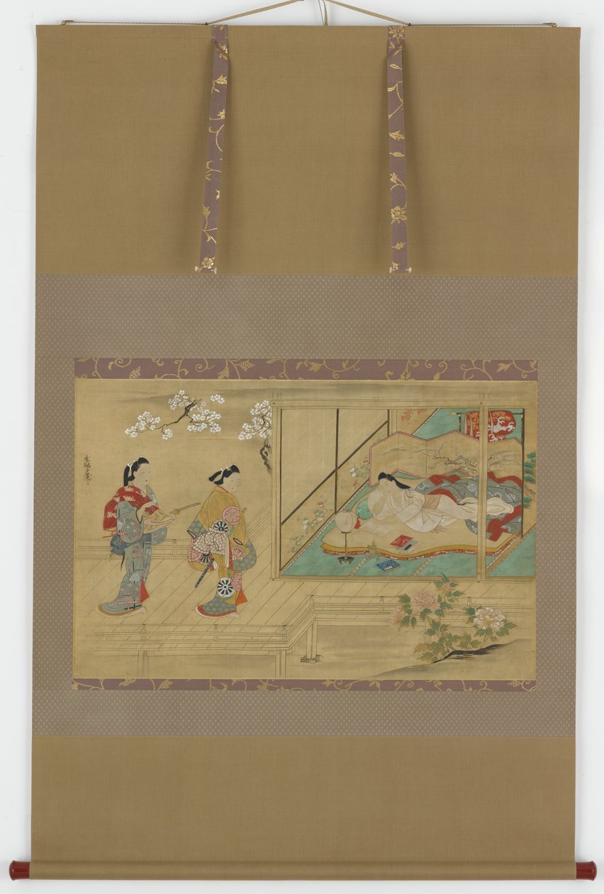 Beleza reclinada à medida que os visitantes se aproximam, período Edo, final do século XVII e início do século XVIII. de Tamura Suio