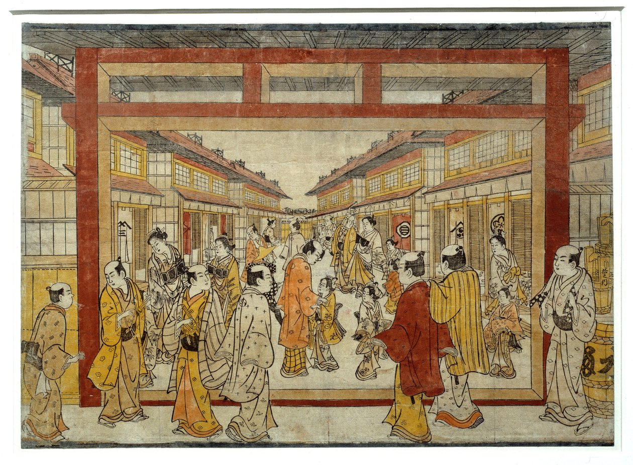 Vista de perspectiva da Nakano-Cho. Impressão japonesa de Masanobu Tanaka, ativa entre 1741 e 1748, estilo Ukiyo-E. Paris, Musee Guimet de Tanaka Masunobu