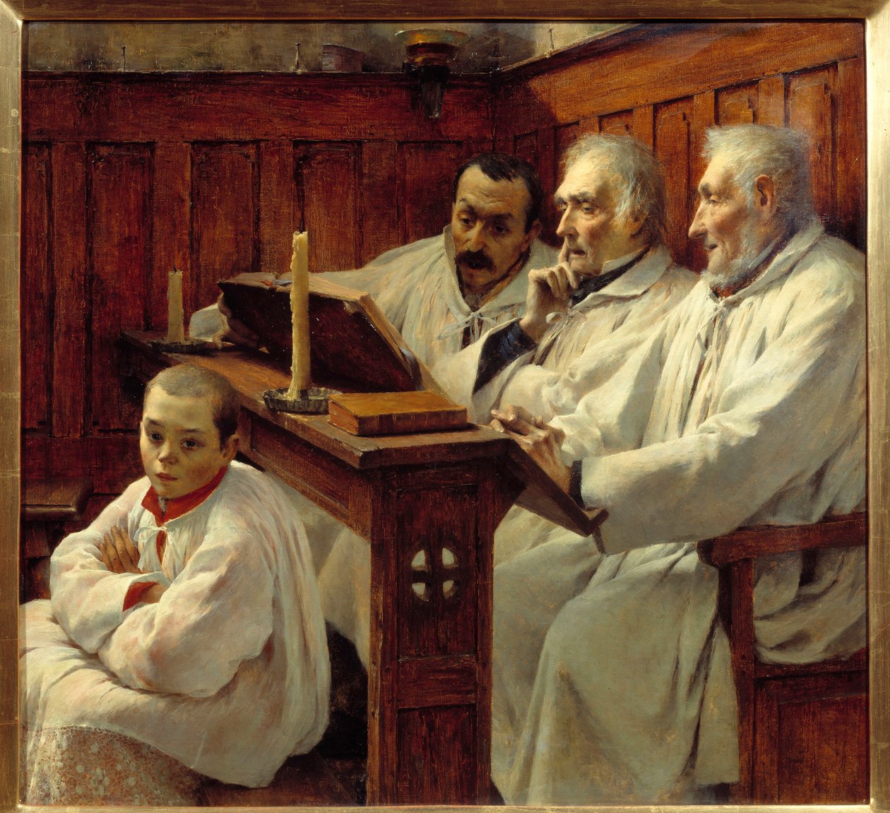 Os Sacerdotes do Credo e a criança do coro lendo a Bíblia. Pintura de Tancrede Bastet (1858-1942) Grenoble do século XX, Musee des Beaux Arts Atenção! A utilização desta obra pode ser sujeita a um pedido de autorização de terceiros ou a taxas adicionais de Tancrede Bastet