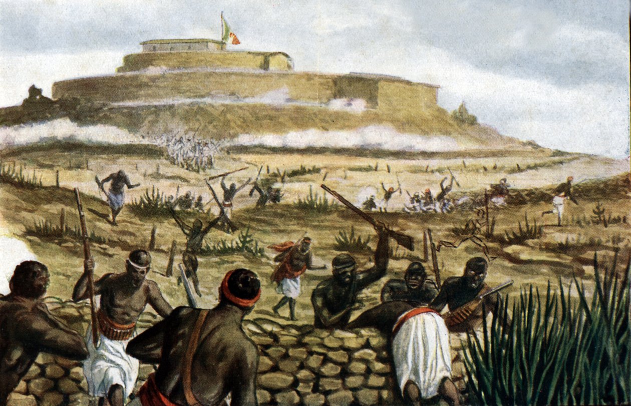 Monte Abba Gerima (Abba Garima) na batalha de Adwa, 1 de março de 1896, ilustração de Storia di Italia por Paolo Giudici, 1930 de Tancredi Scarpelli