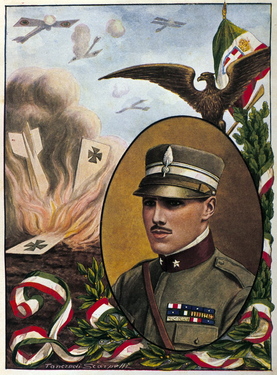 Alegoria sobre o Major Francesco Baracca (1888-1918) heróis da Força Aérea Italiana que morreram em batalha em 1918. Desenho de Tancredi Scarpelli. Milanês . de Tancredi Scarpelli