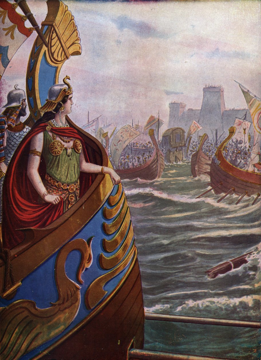 Antiguidade, Guerra Civil Romana: Rainha egípcia Cleópatra VII Thea Philopator (69-30 aC) na Batalha de Actium no Golfo Ambracic em 2 de setembro de 31 aC contra a Frota de Oitava de Actium, de Tancredi Scarpelli