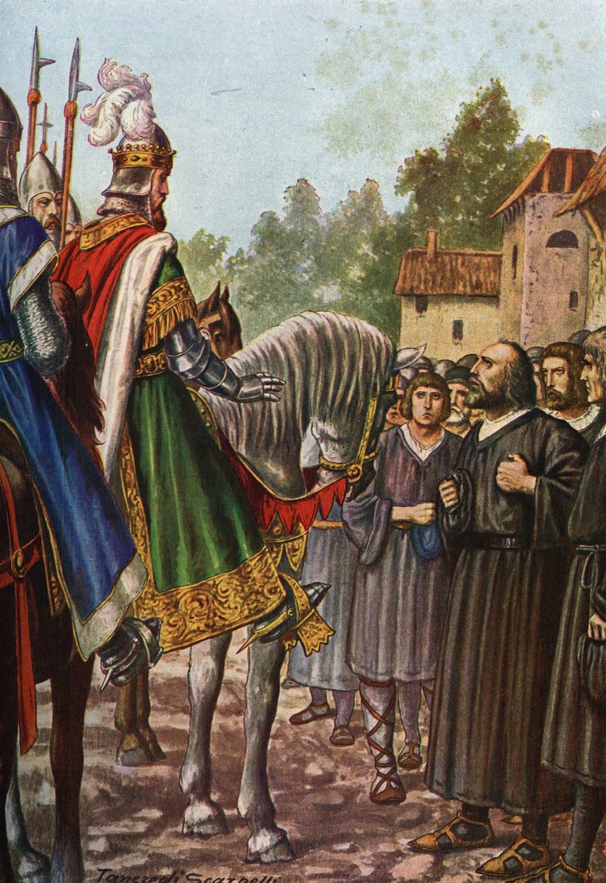 O imperador Frederico I Barberossa (1122-1190) em sua segunda viagem à Itália em 1158 passa o rio Adda e encontra o povo de Lodi que lhe pede para recuperar seu território. Tancredi Scarpelli (1866-1937) de “Storia d