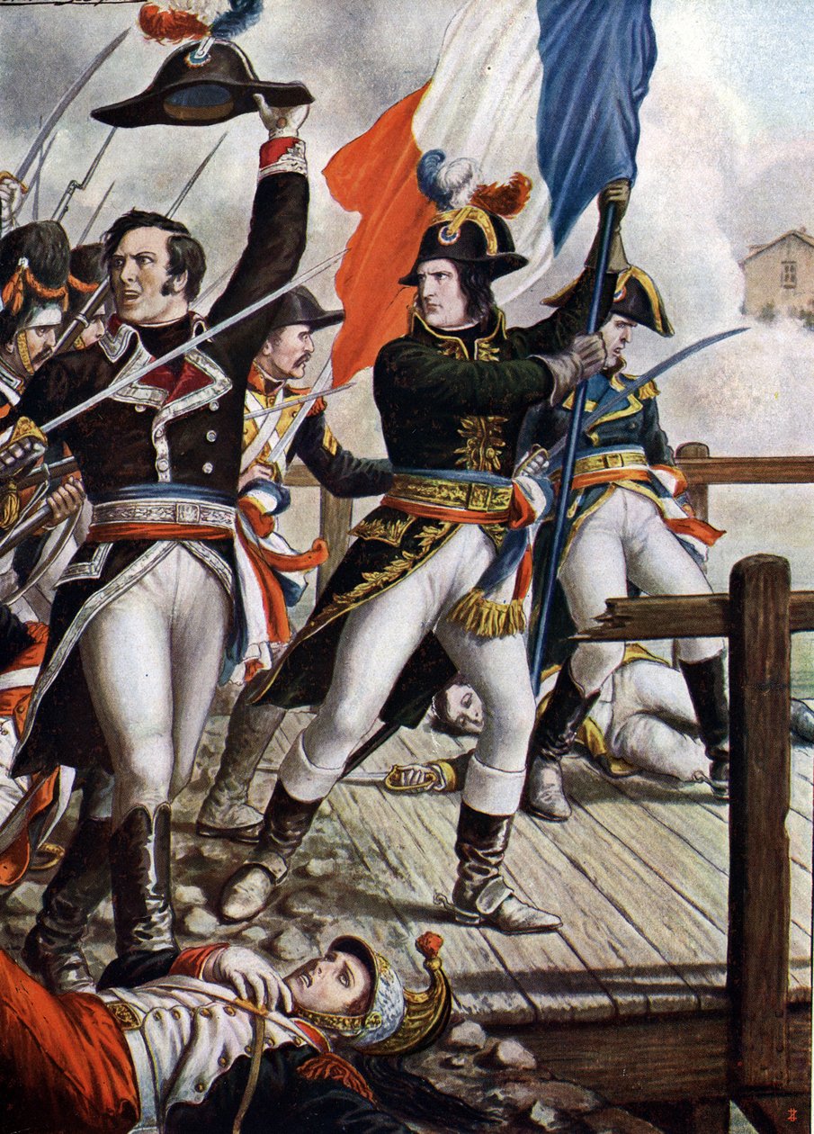 Primeira Campanha Italiana: Napoleão Bonaparte (1769-1821) na Batalha da Ponte de Arcole, Novembro 1796" (Napoleão Bonaparte durante a Batalha da Ponte de Arcole (Arcola), Novembro 1796) Ilustração de Tancredi Scarpelli (1866-1937) de "Storia de Tancredi Scarpelli