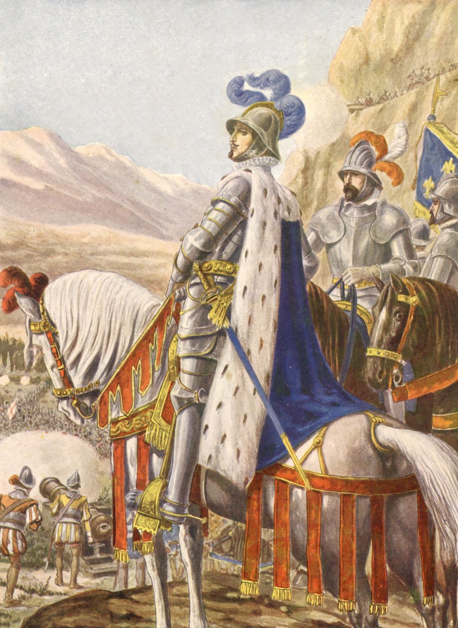 François I de França durante a batalha de Marignan em 1515, ilustração, anos 30 de Tancredi Scarpelli