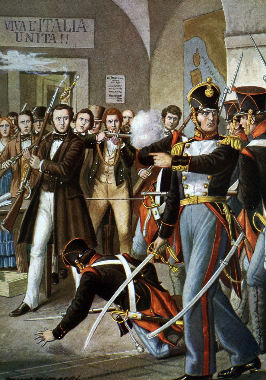 Movimentos Insurrecionais de 1830: A Prisão de Ciro Menotti (1798-1831) Patriota Italiano Membro do Movimento Carbonari (Carboneria, Coalwork) a Modene, em 1830, Itália” (Assalto à casa de Ciro Menotti durante a revolta em Modena, Itália 1830) Ilustração de Tancredi Scarpelli