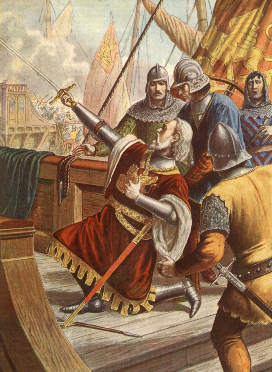 Almirante italiano Luciano Doria morto em 1379 durante a guerra entre Génova e Veneza, ilustração, anos 30 de Tancredi Scarpelli
