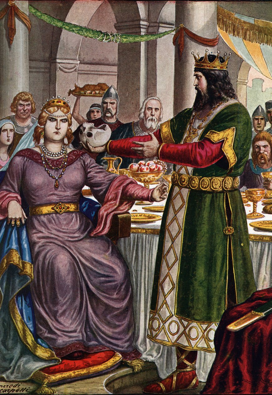 O rei Lombard Alboin (cerca de 526- 572) força a sua esposa, a princesa tíbia Rosemonde (falecida em 572) a beber de um copo formado pelo crânio de seu pai Cunimond num banquete em Verona, Itália (Rosamund (ou Rosamunde) e o seu marido Alboin, rei dos Lomb de Tancredi Scarpelli